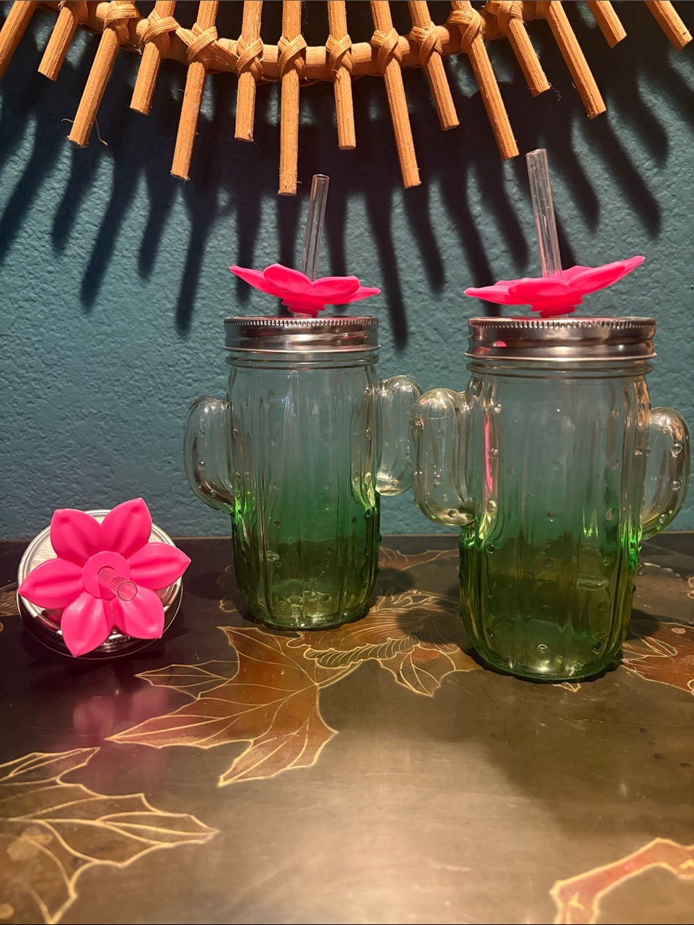 Glass Cactus Mason Tumbler with Pink Flower Lid - Home Dining